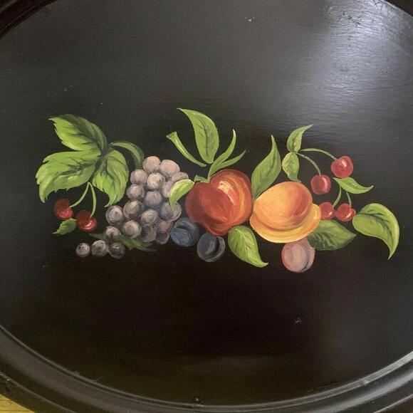 VTG Large Folk Art Toleware Tray Black Hand Painted Fruit 22x17.5” AAFA Cottage - Picture 2 of 12